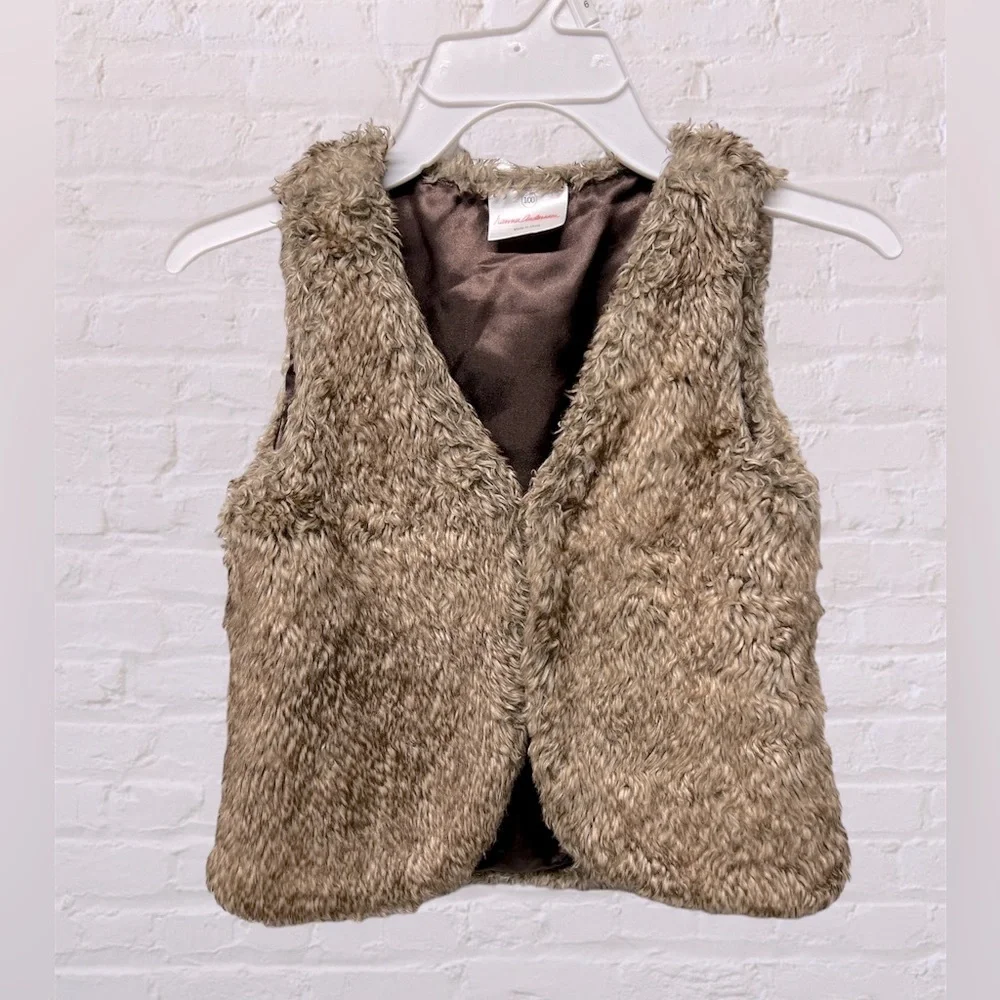 Hanna Andersson Faux Fur Button brown tan Vest Girls Size 4 (100)